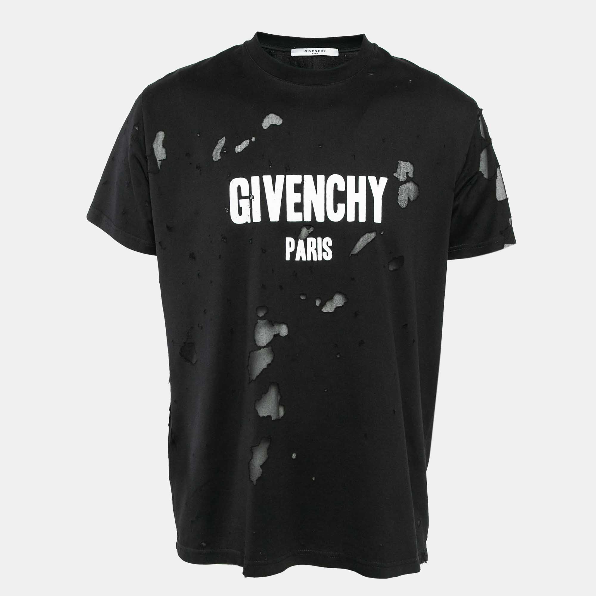 

Givenchy Black Logo Print Distressed Cotton Knit Crew Neck T-Shirt XS