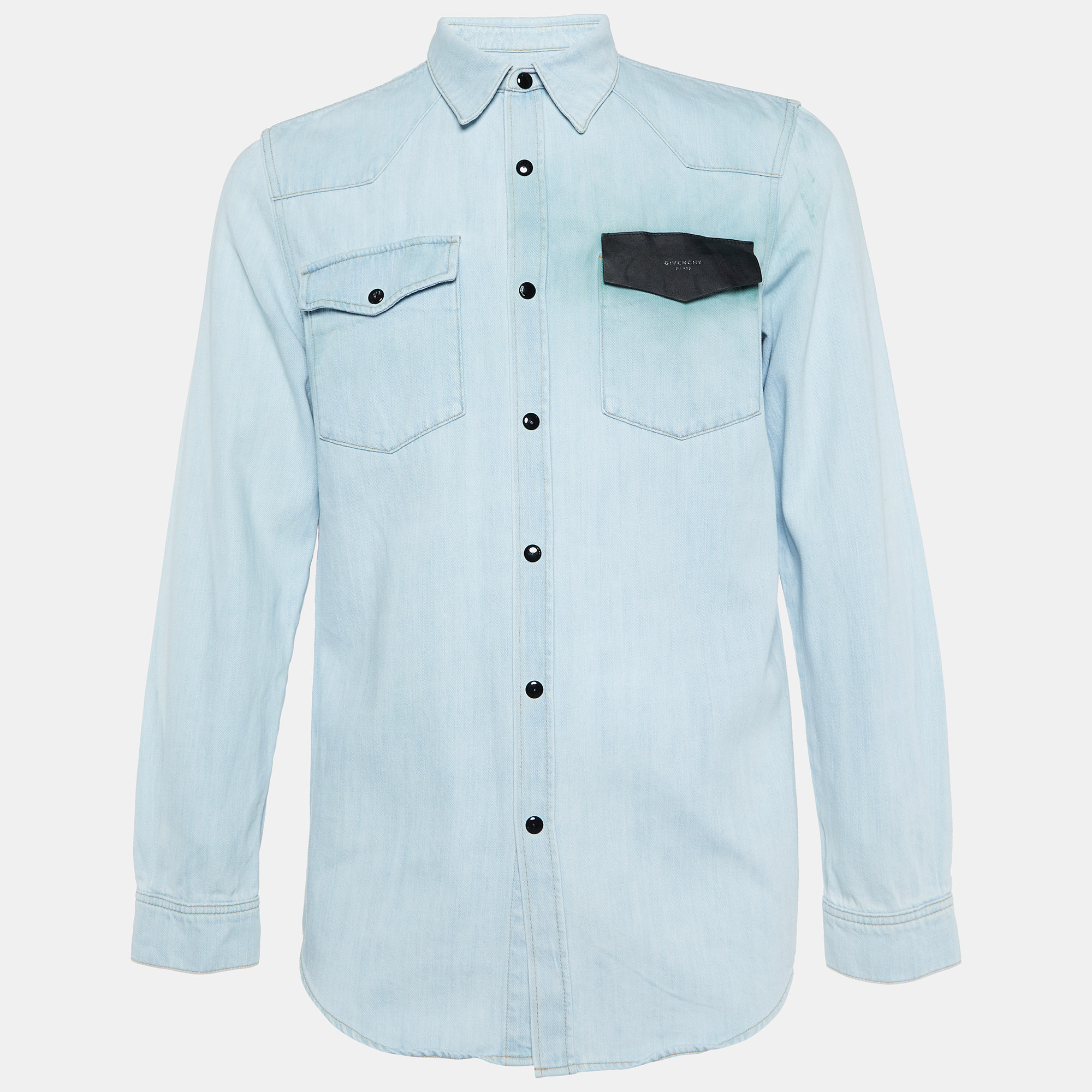 

Givenchy Light Blue Denim Leather Trim Detail Shirt M