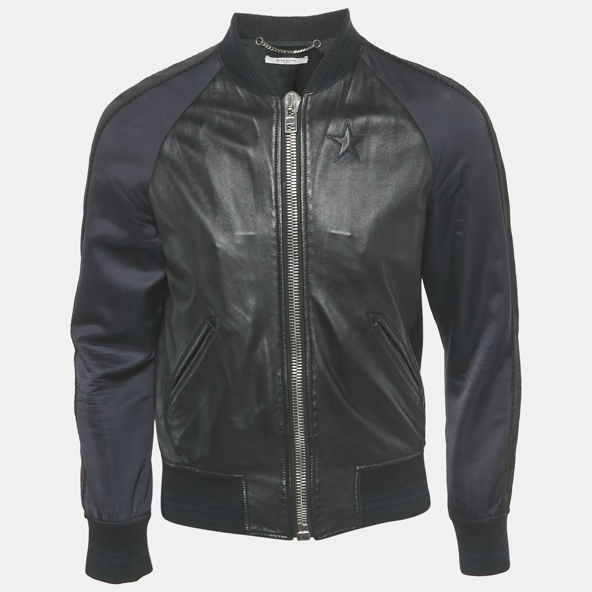 

Givenchy Black/Blue Leather and Satin Stadium Bomber Jacket S