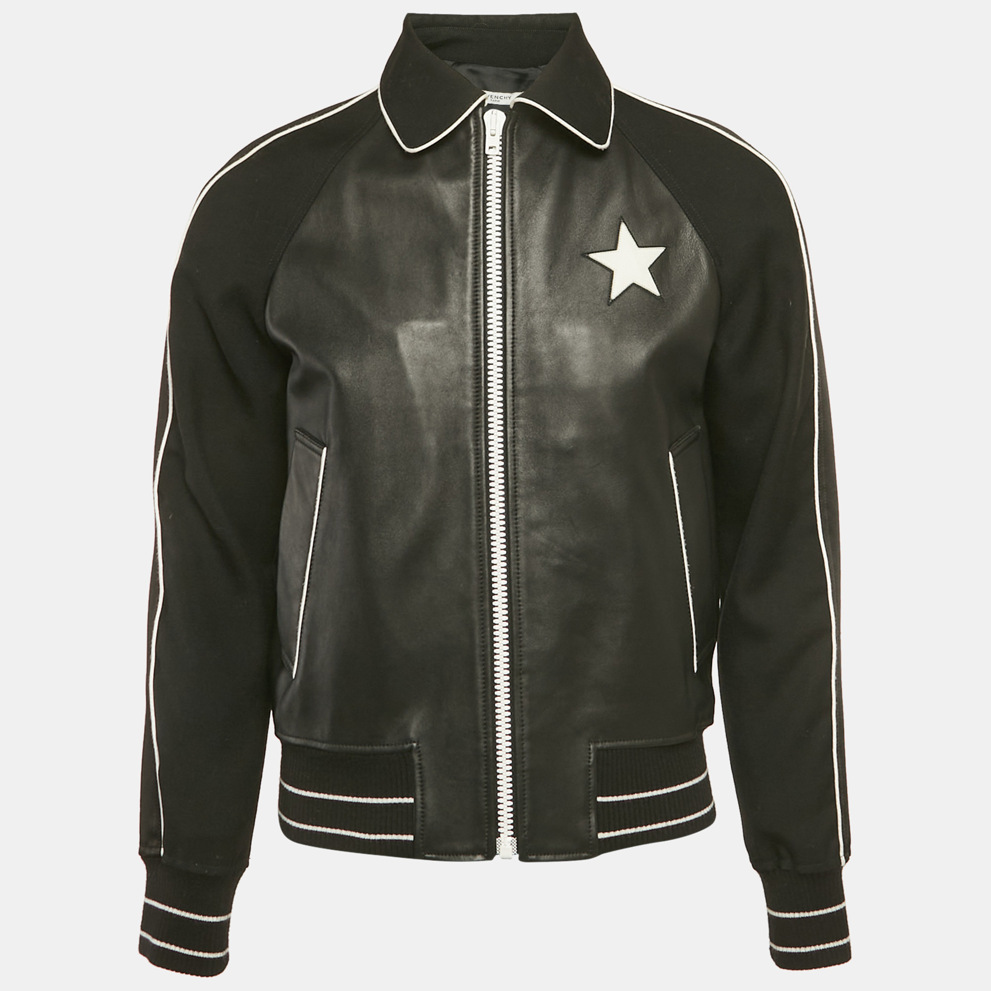 

Givenchy Black Star Applique Leather Zip-Up Jacket M