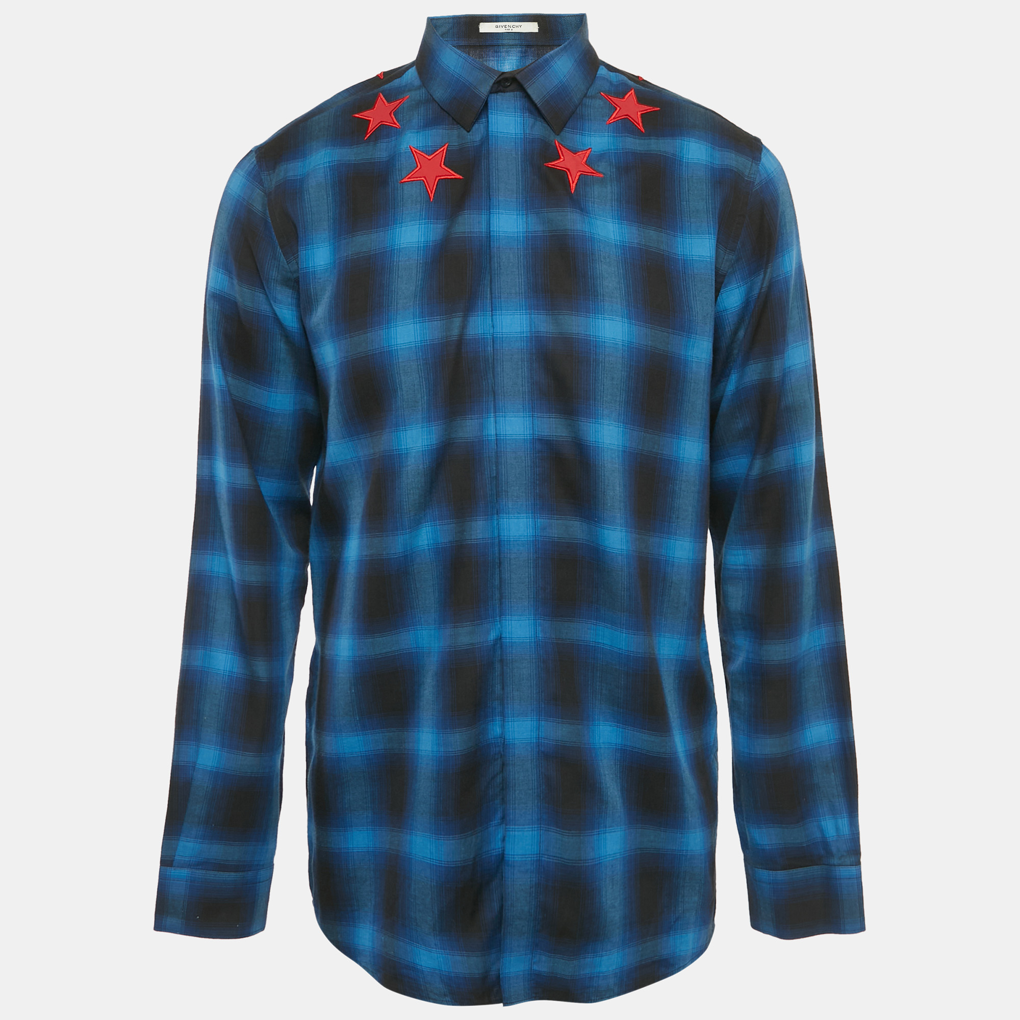 

Givenchy Blue Plaided Star Embroidered Cotton utton Front Shirt XL