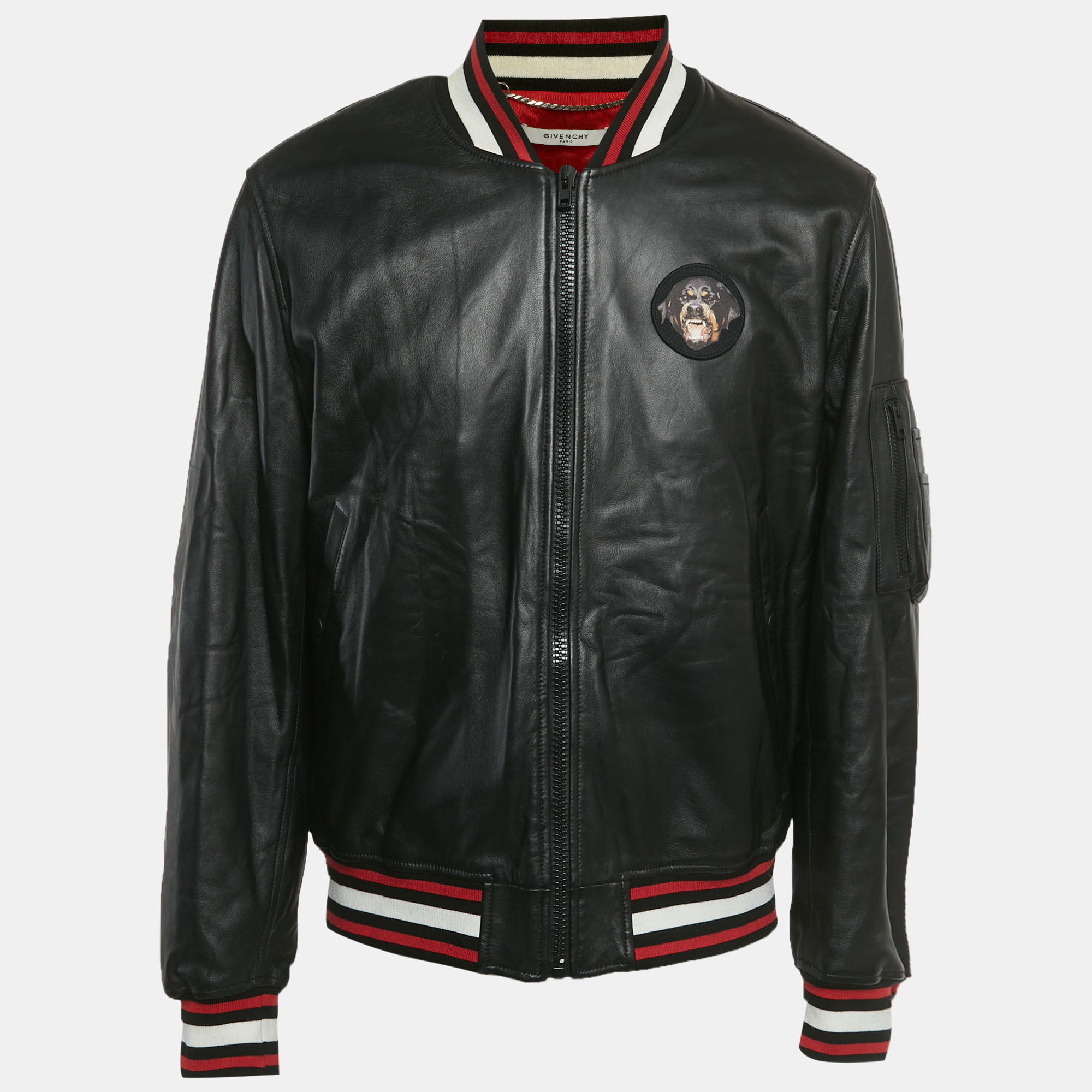 

Givenchy Black Leather Rottweiler Patch Bomber Jacket 3XL