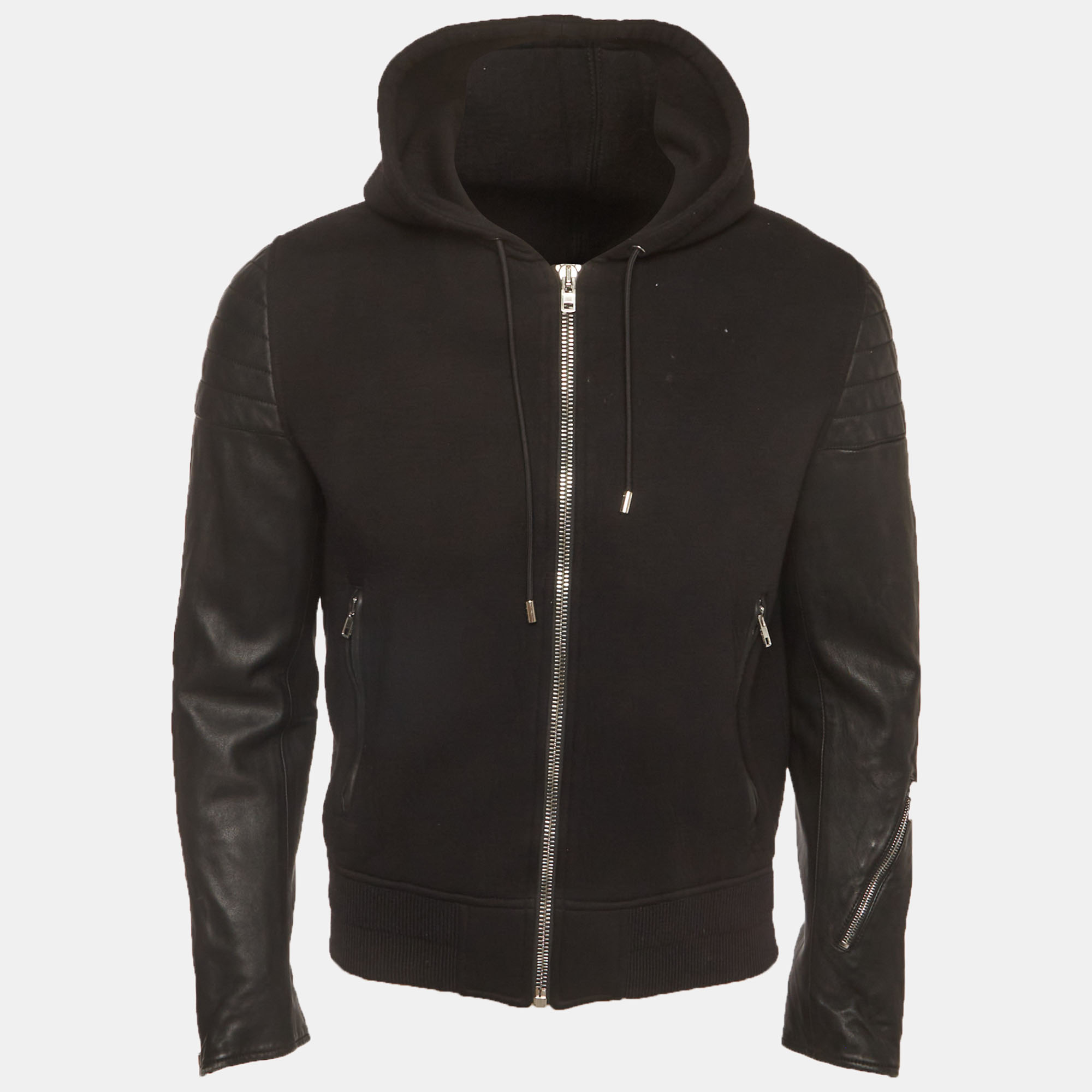 

Givenchy Black Neoprene and Leather Hooded Bomber Jacket M