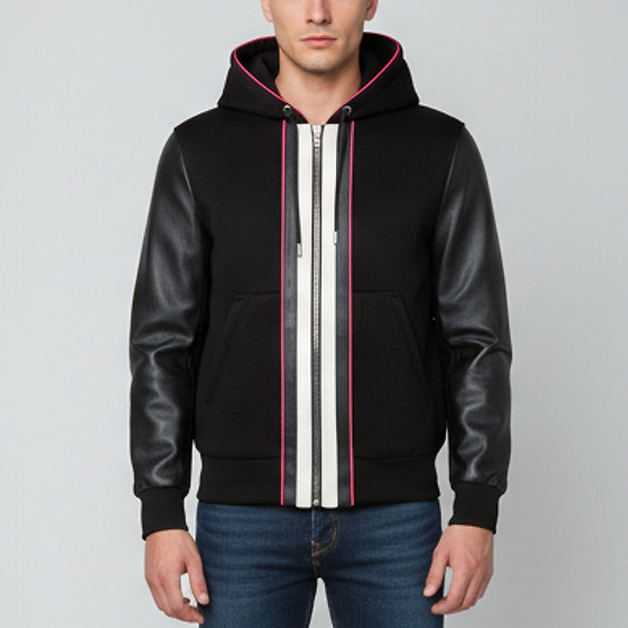 Givenchy Black Leather and Neoprene Hooded Bomber Jacket S