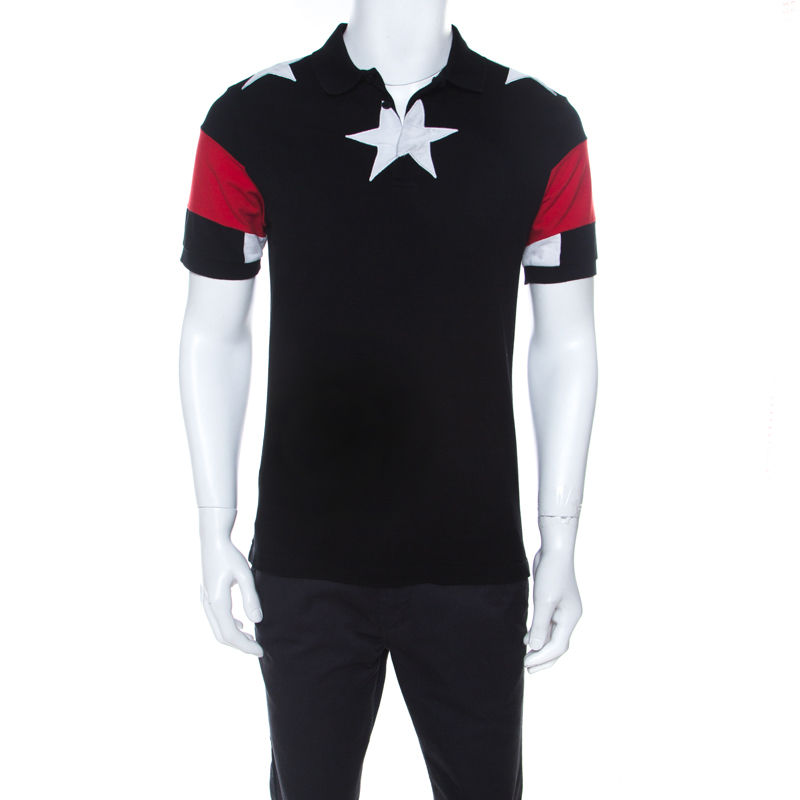 مملوكة مسبقًا Givenchy Black Pique Knit Star Appliqué Detail Contrast Short Sleeve Polo T Shirt M
