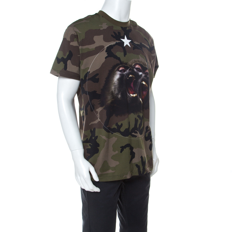 

Givenchy Green Camouflage Cotton Monkey Brothers Motif T-Shirt