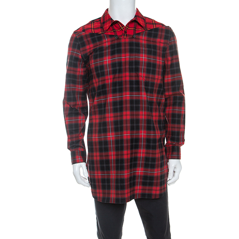 Givenchy Red Contrast Plaid Cotton Cross-Shoulder Buttoned Long Shirt M  Givenchy | TLC