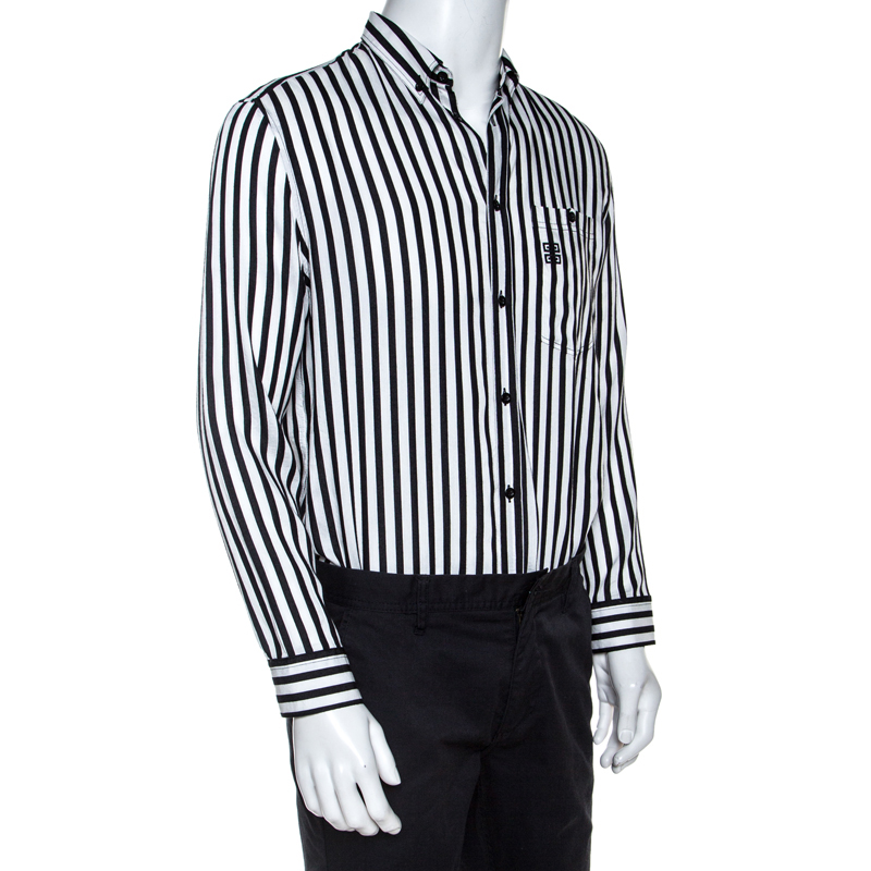 

Givenchy Monochrome Striped Print Silk Blend Button Front Shirt, Black