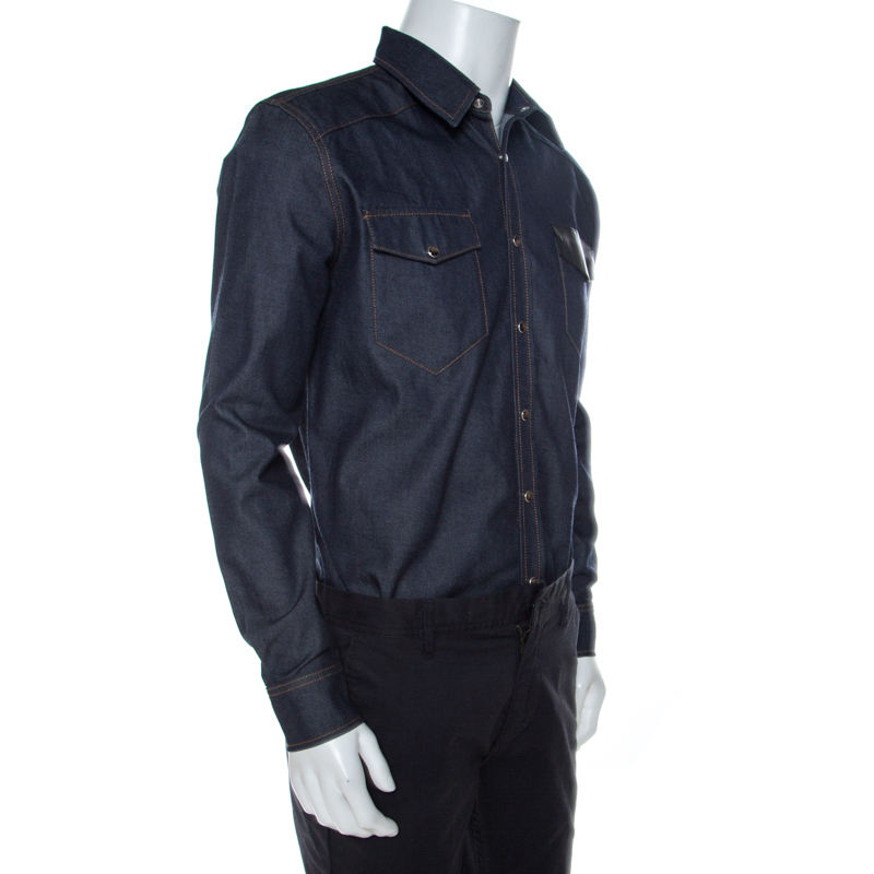 

Givenchy Dark Blue Denim Leather Trim Button Front Shirt