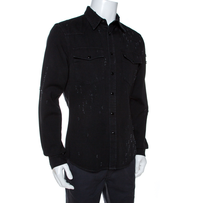 

Givenchy Black Distressed Denim Button Front Shirt