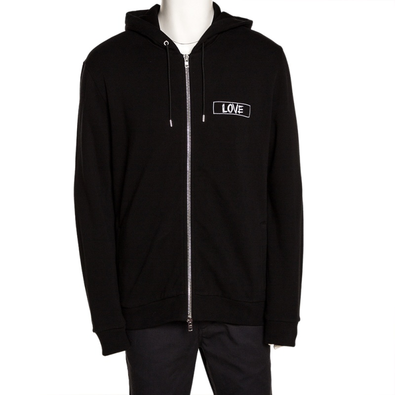 Pre Owned Givenchy Black Cotton Love Embroidered Zip Front Hoodie L