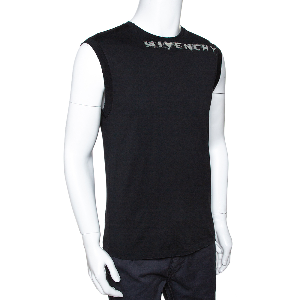 

Givenchy Black Logo Print Cotton Distressed Detail Sleeveless T-Shirt