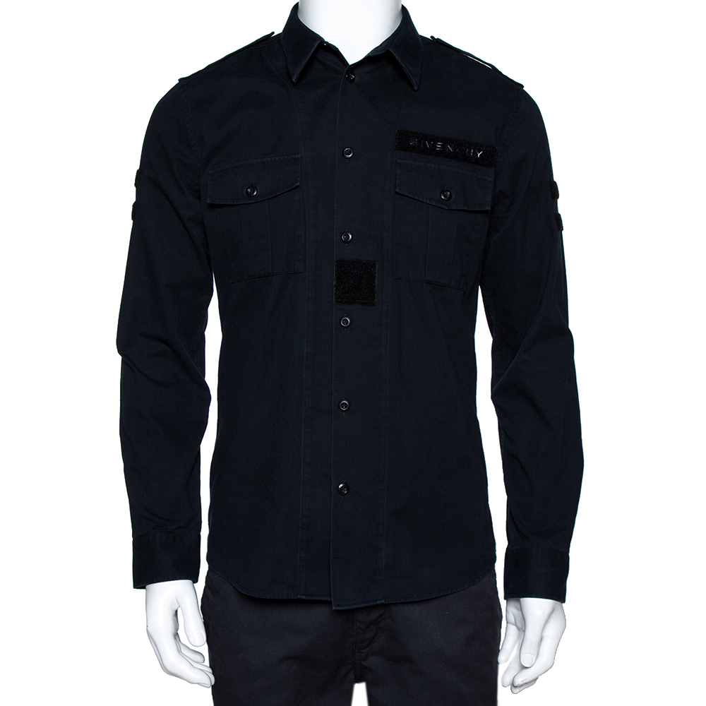 Pre Owned Givenchy Midnight Blue Cotton Velcro Appliqued Shirt M