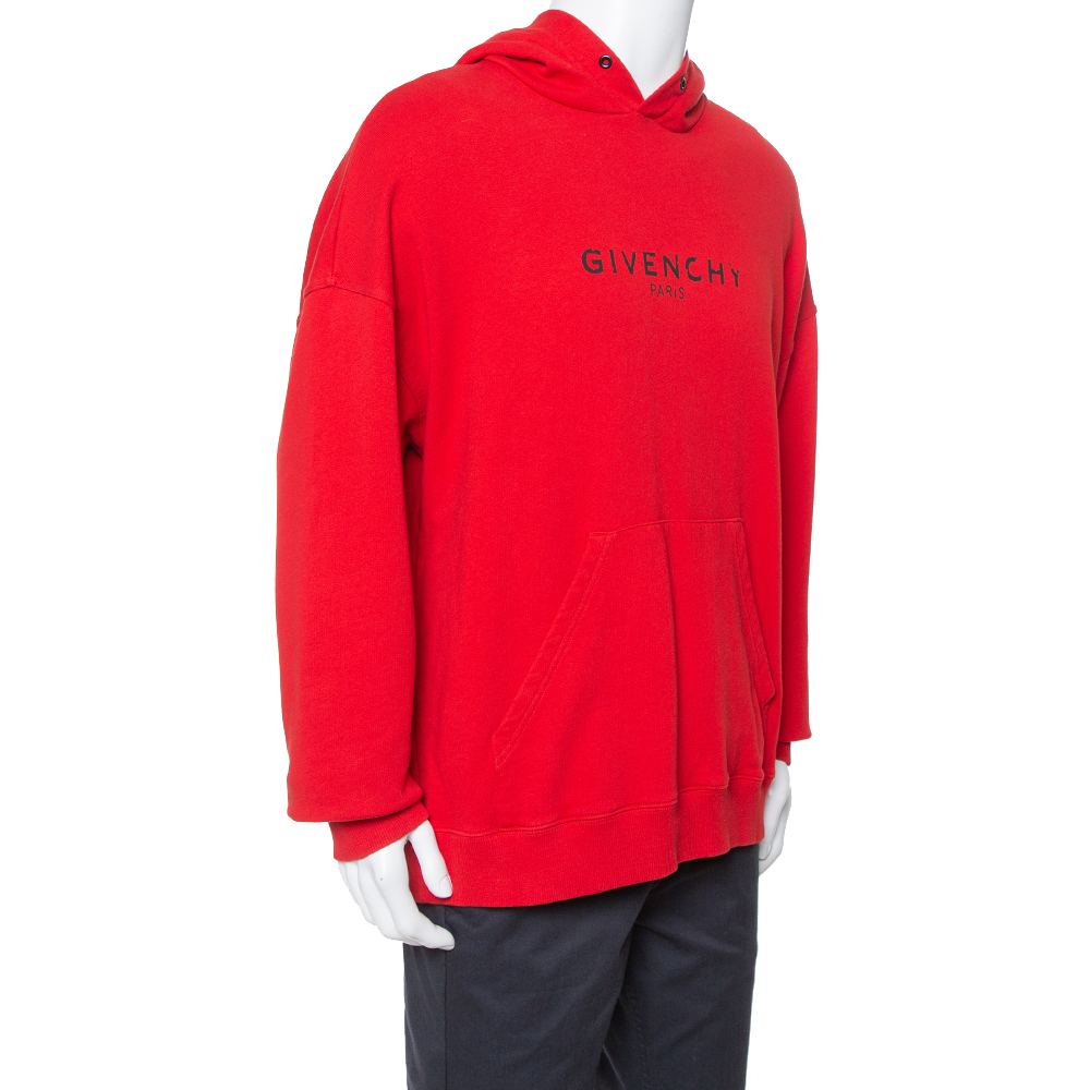 

Givenchy Red Distressed Logo Print Cotton Hoodie