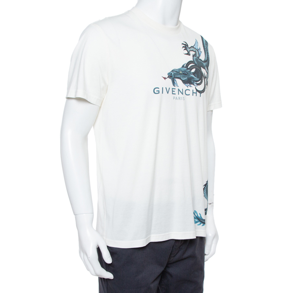 

Givenchy Cream Cotton Dragon Logo Printed T Shirt