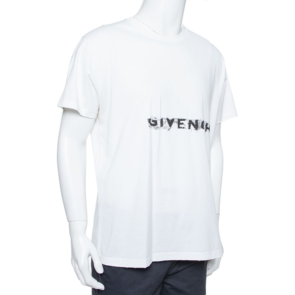 

Givenchy White Cotton Logo Printed Crewneck Distressed T-Shirt