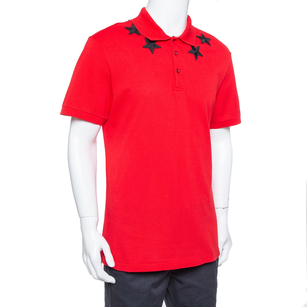 

Givenchy Red Cotton Pique Star Embroidered Polo T Shirt