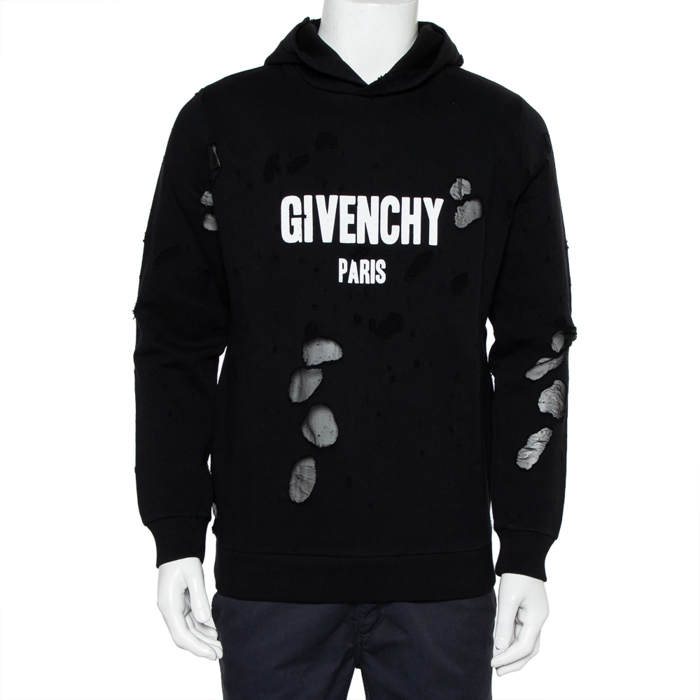 Pre-owned Givenchy Black Cotton Logo Printed Distressed Hoodie S