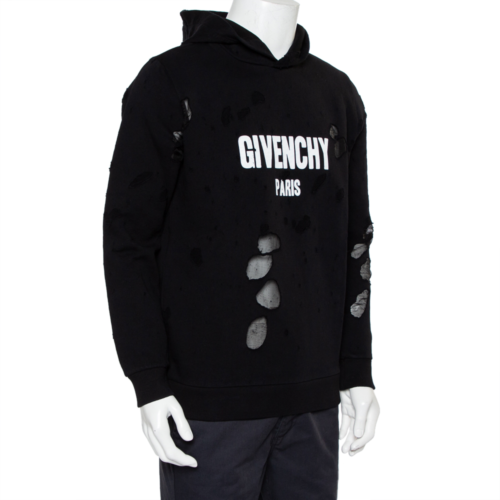 

Givenchy Black Cotton Logo Printed Distressed Hoodie