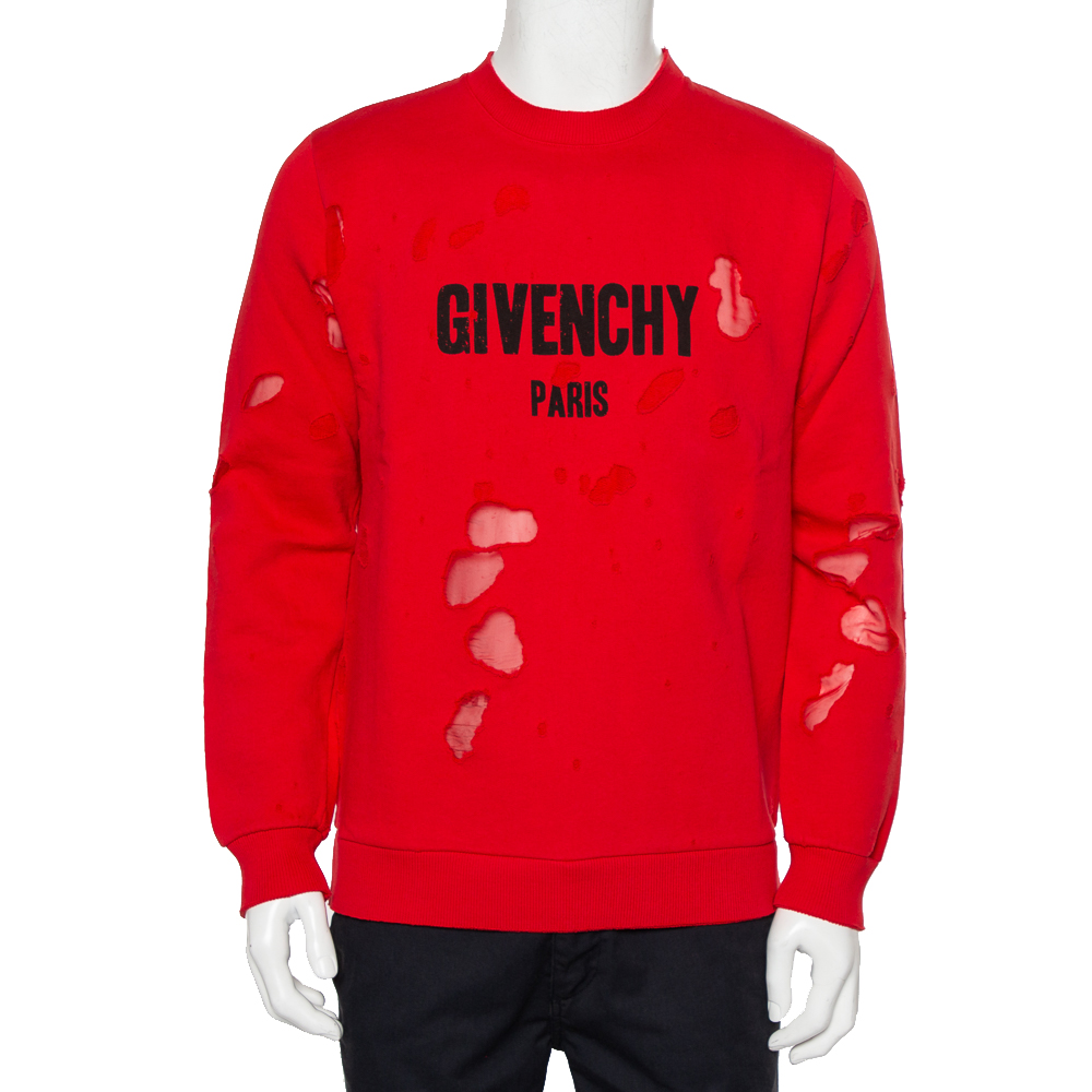 Pre-owned Givenchy Red Cotton Logo Printed Distressed Crewneck Sweatshirt S