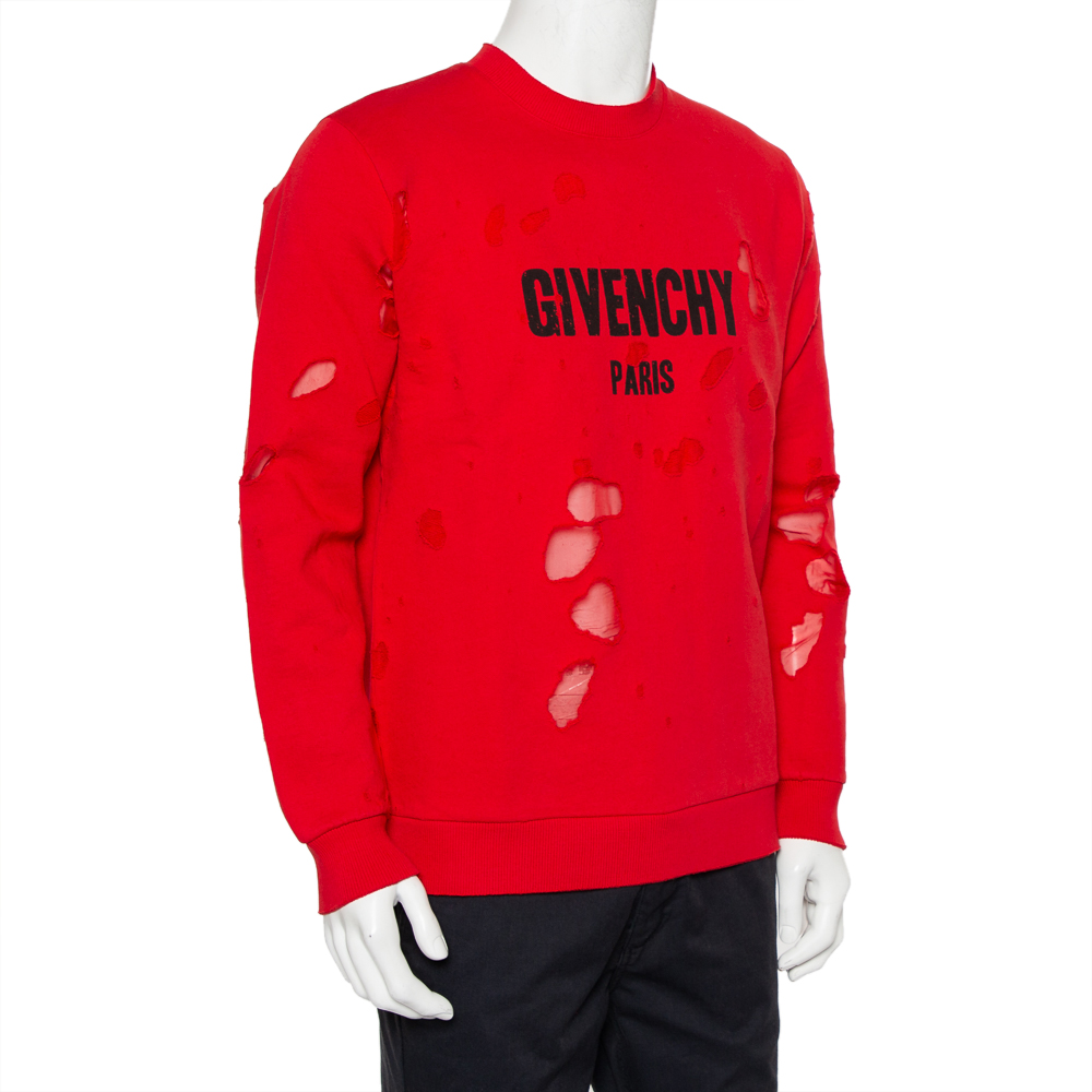 

Givenchy Red Cotton Logo Printed Distressed Crewneck Sweatshirt