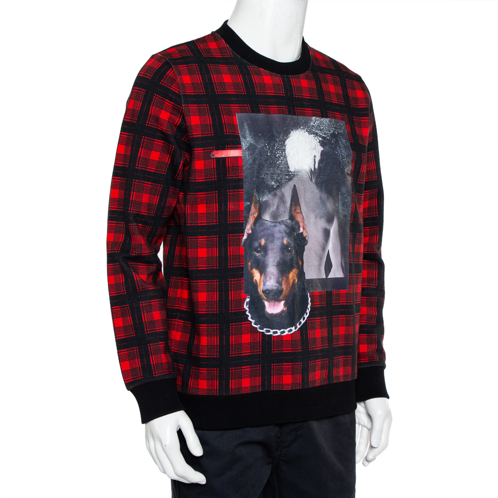

Givenchy Red & Black Cotton Tartan Doberman Printed Crewneck Sweatshirt