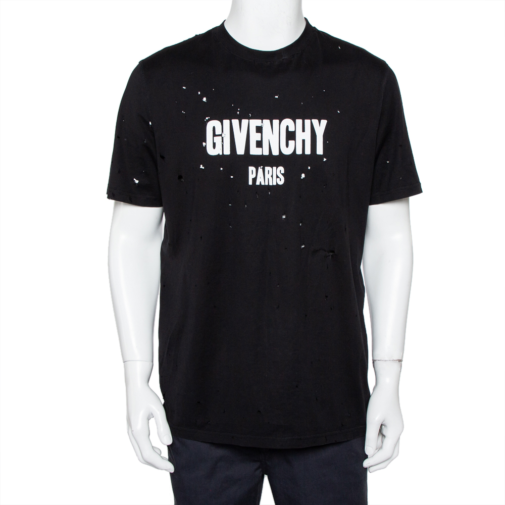 Pre-owned Givenchy Black Logo Print Cotton Oversized Distressed T-shirt M