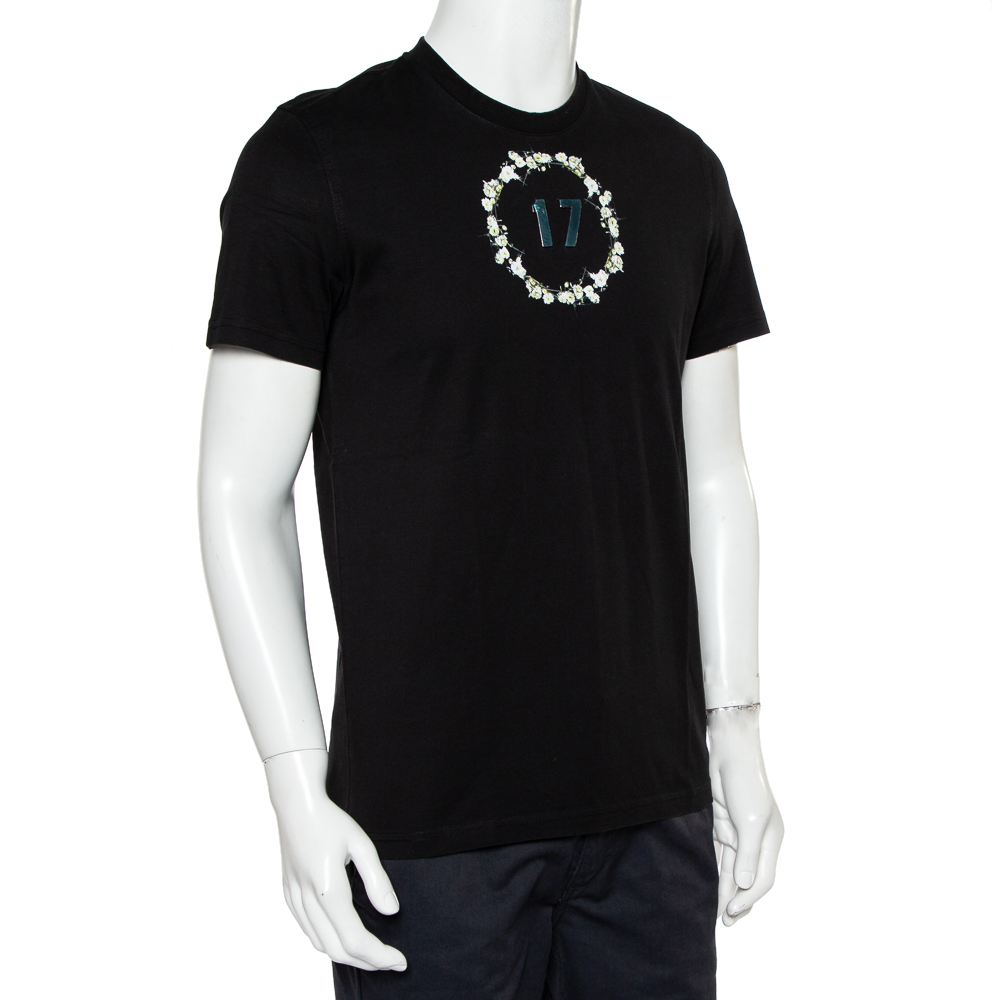 

Givenchy Black Floral Printed Cotton Metal 17 Detail Crewneck T-Shirt