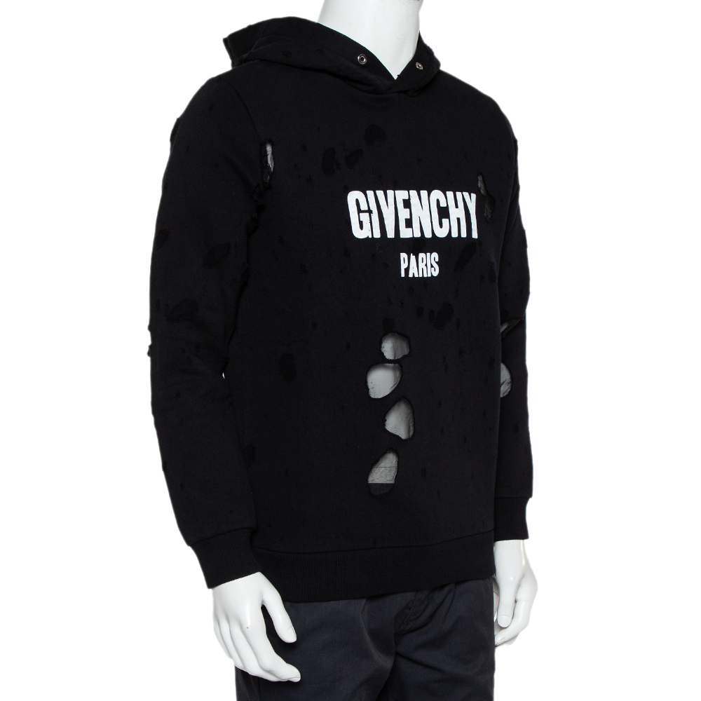 

Givenchy Black Logo Print Cotton Distressed Hooded Sweatshirt