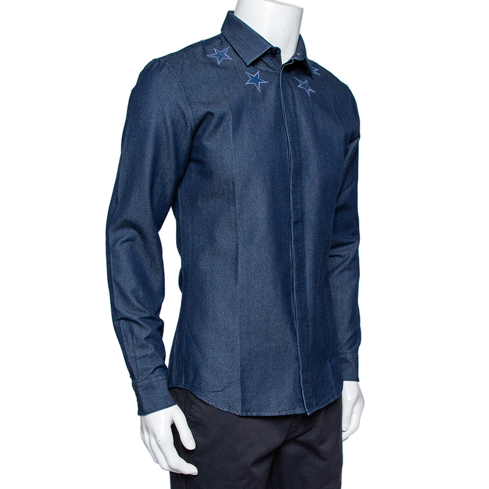 

Givenchy Navy Blue Denim Star Embroidered Button Front Shirt