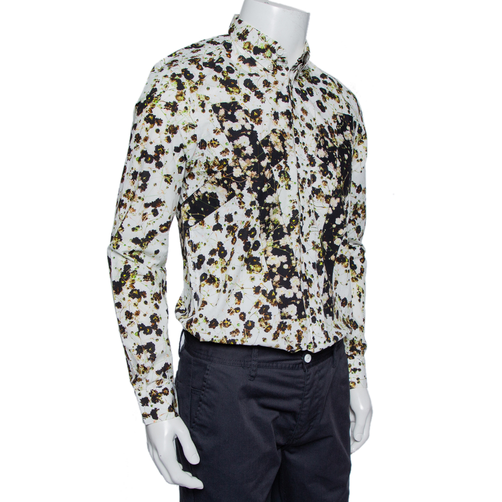 

Givenchy White Wreath Printed Cotton Patch Belt Detail Button Front Shirt