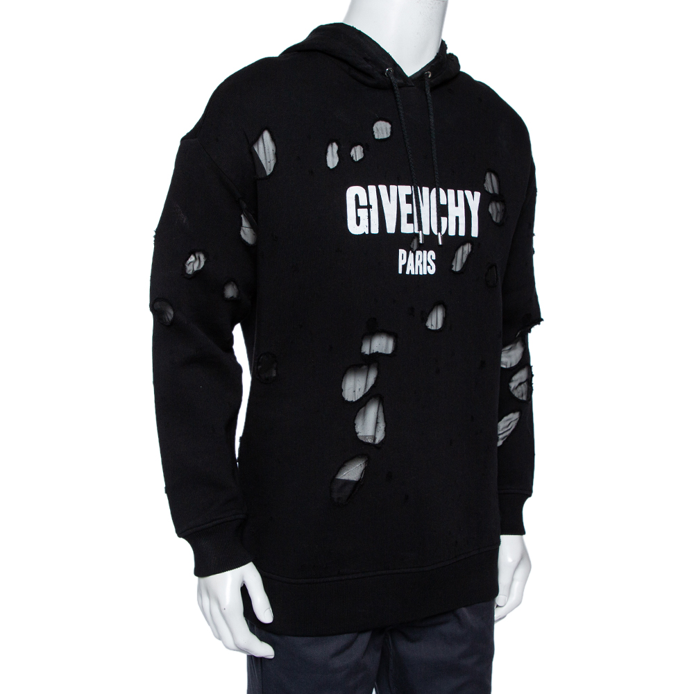 

Givenchy Black Cotton Knit Logo Printed Distressed Oversized Hoodie