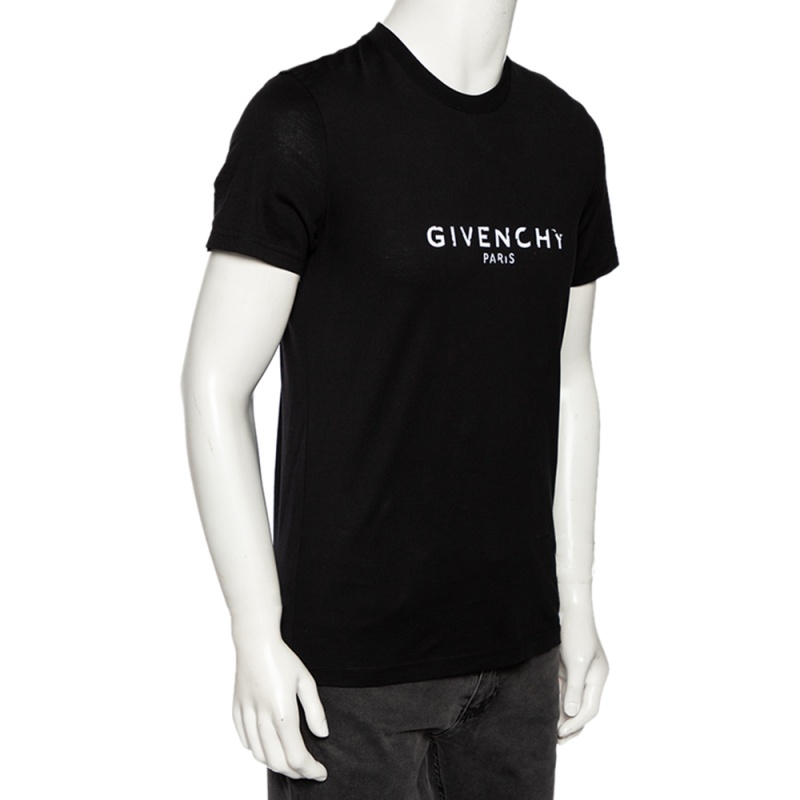 

Givenchy Black Cotton Distressed Logo Print Round Neck T-Shirt