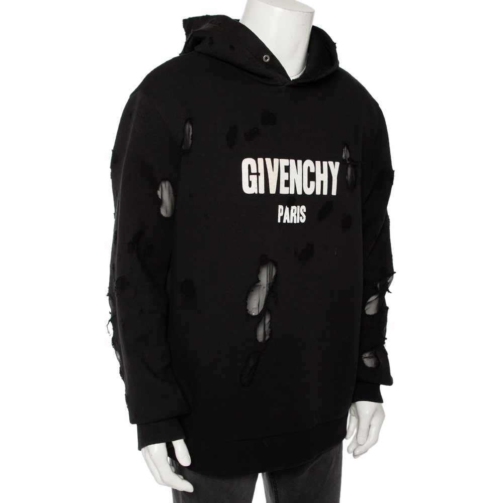 

Givenchy Black Distressed Cotton & Mesh Inset Logo Printed Hooded Sweatshirt