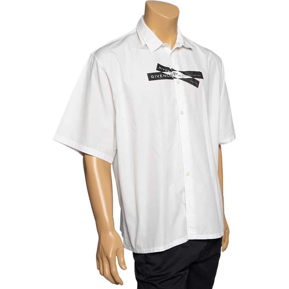 

Givenchy White Logo Tape Printed Cotton Button Front Short Sleeve Shirt