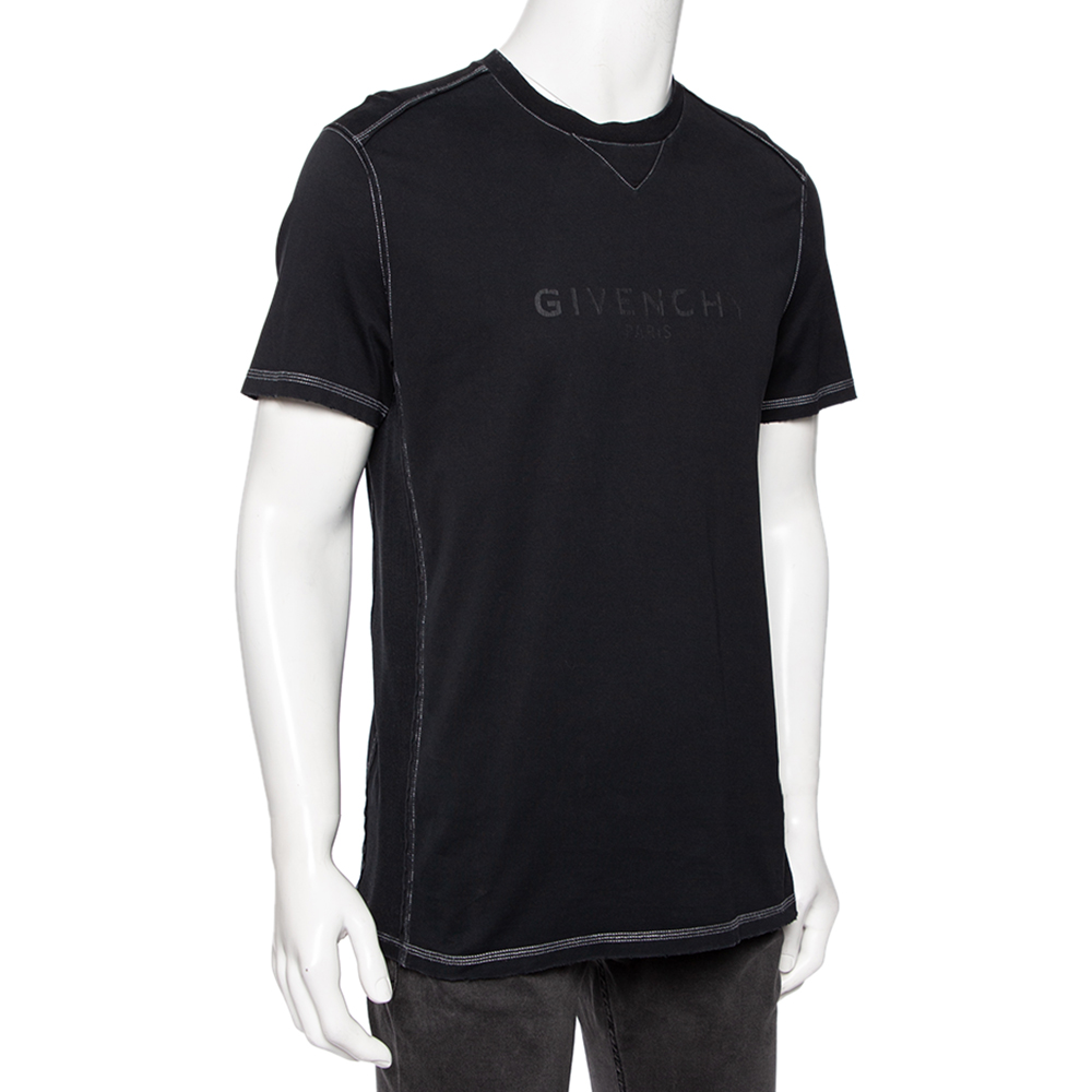 

Givenchy Black Logo Printed Side Trim Detail Distressed T-Shirt