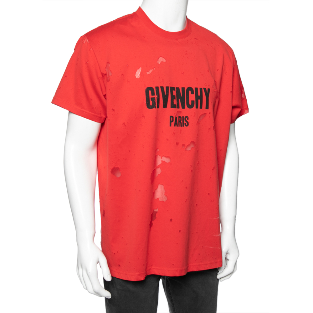 

Givenchy Red Distressed Cotton & Mesh Inset Short Sleeve T-Shirt