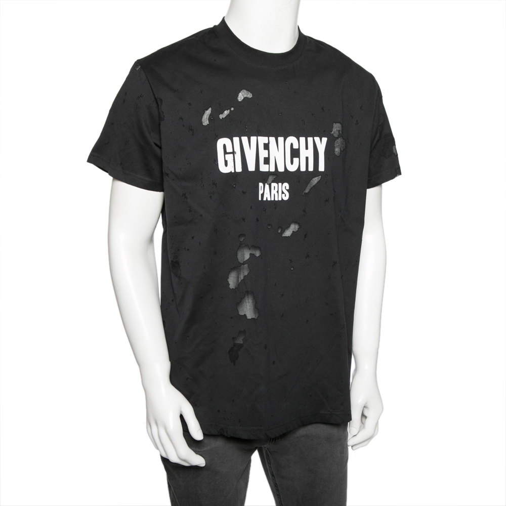 

Givenchy Black Distressed Cotton & Mesh Inset Logo Printed T-Shirt