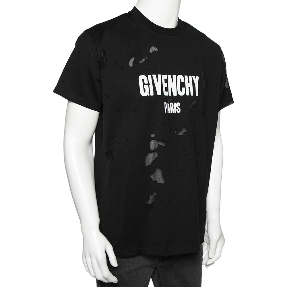 

Givenchy Black Distressed Cotton & Mesh Inset Logo Printed T-Shirt