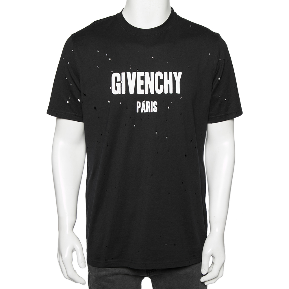 Pre-owned Givenchy Black Distressed Cotton Logo Printed Oversized T-shirt S  | ModeSens