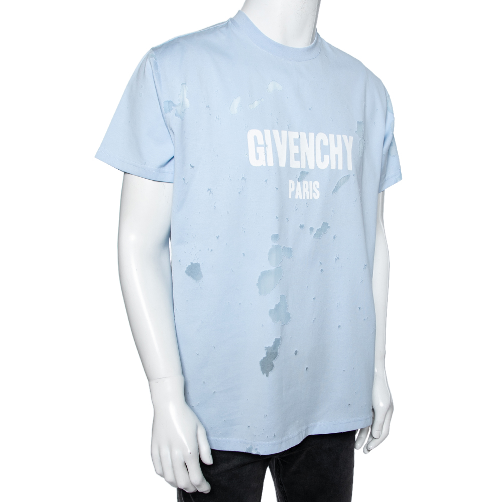 

Givenchy Blue Distressed Cotton & Mesh Inset Logo Printed T-Shirt