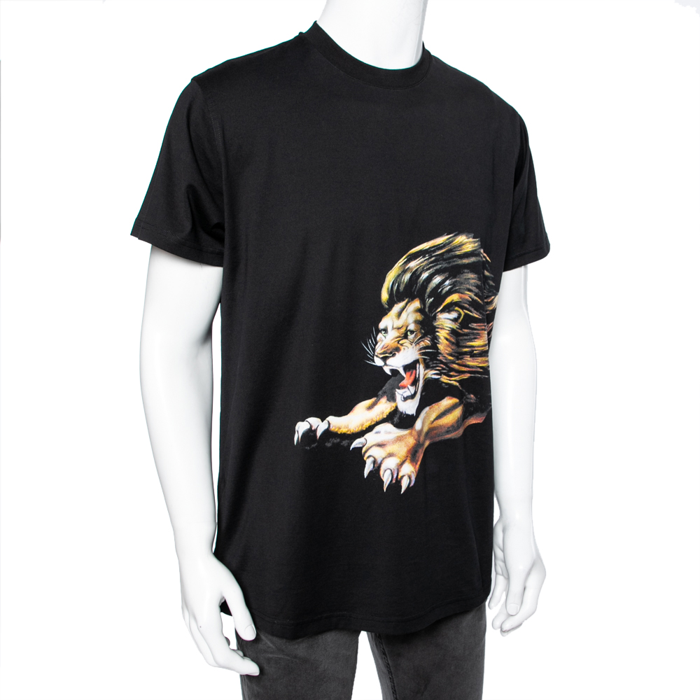 

Givenchy Black Cotton Lion Printed Crew Neck T-Shirt