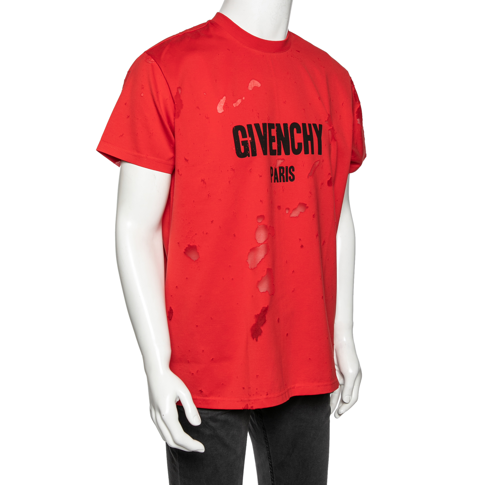 

Givenchy Red Distressed Cotton & Mesh Inset Short Sleeve T-Shirt