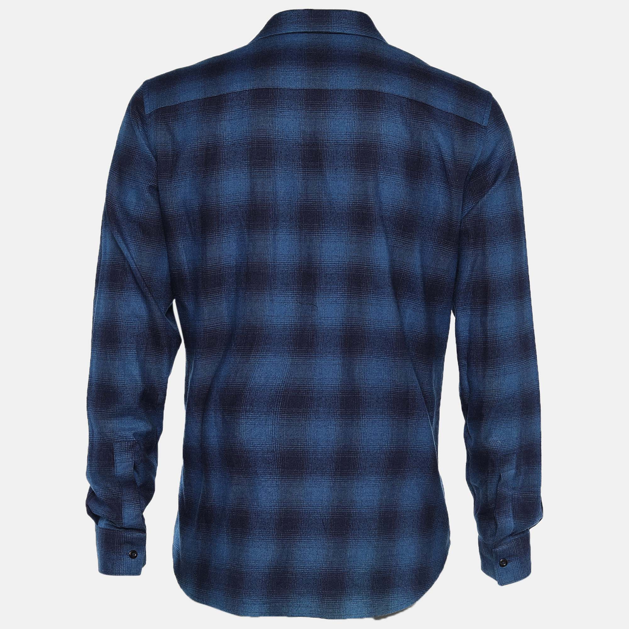 

Givenchy Navy Blue Plaid Flannel Stars Patch Long Sleeve Shirt