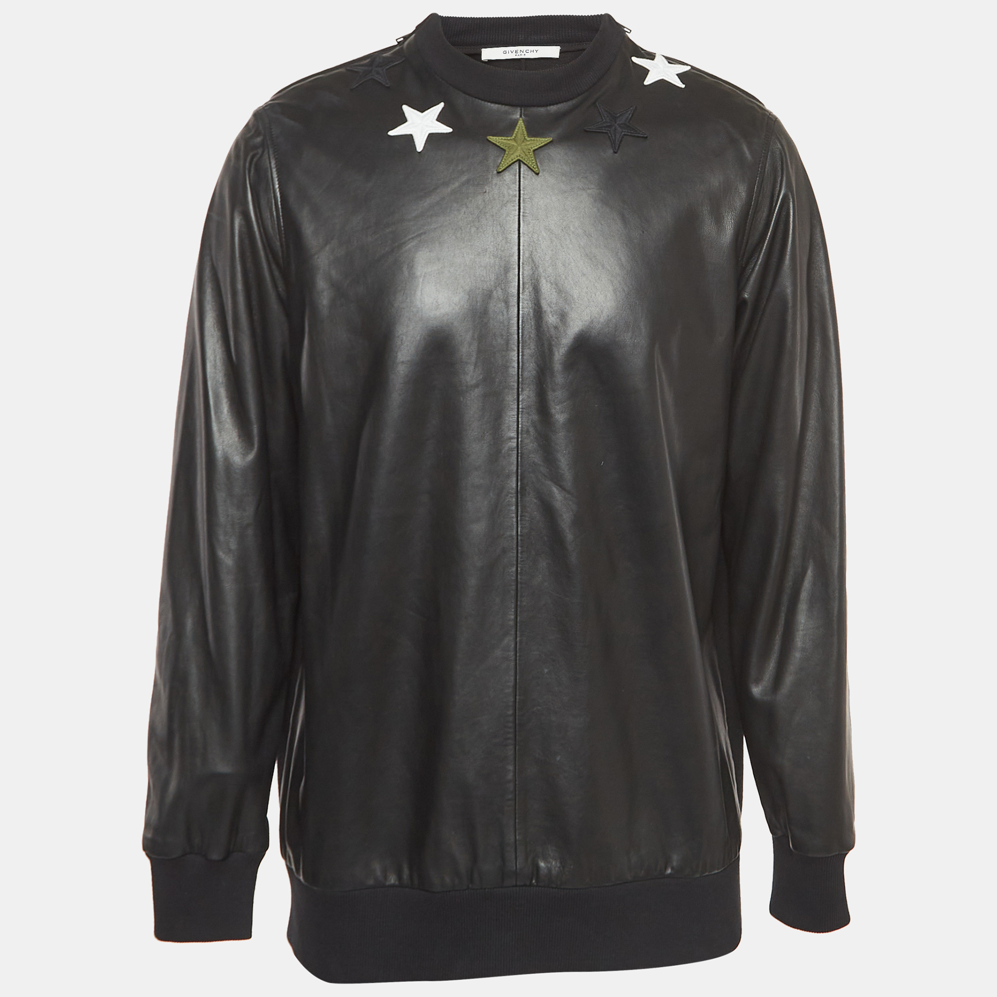 Pre-owned Givenchy Black Lambskin & Neoprene Star Embroidered Sweatshirt M