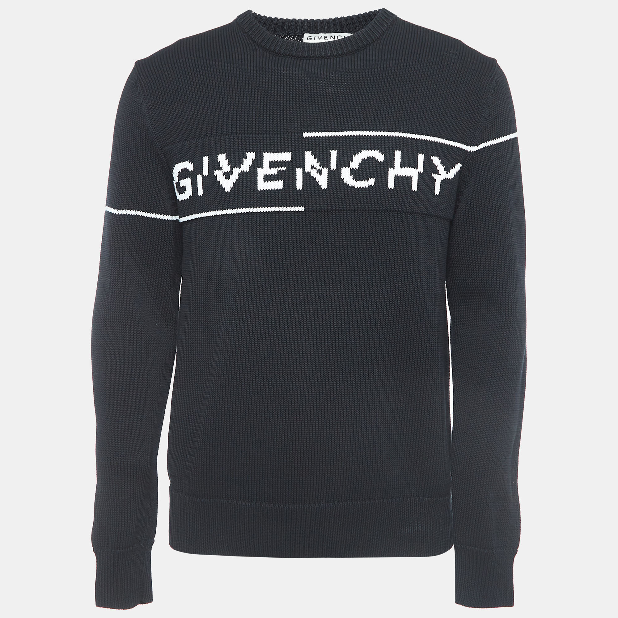 مملوكة مسبقًا Givenchy Black Logo Jacquard Cotton Knit Sweater L