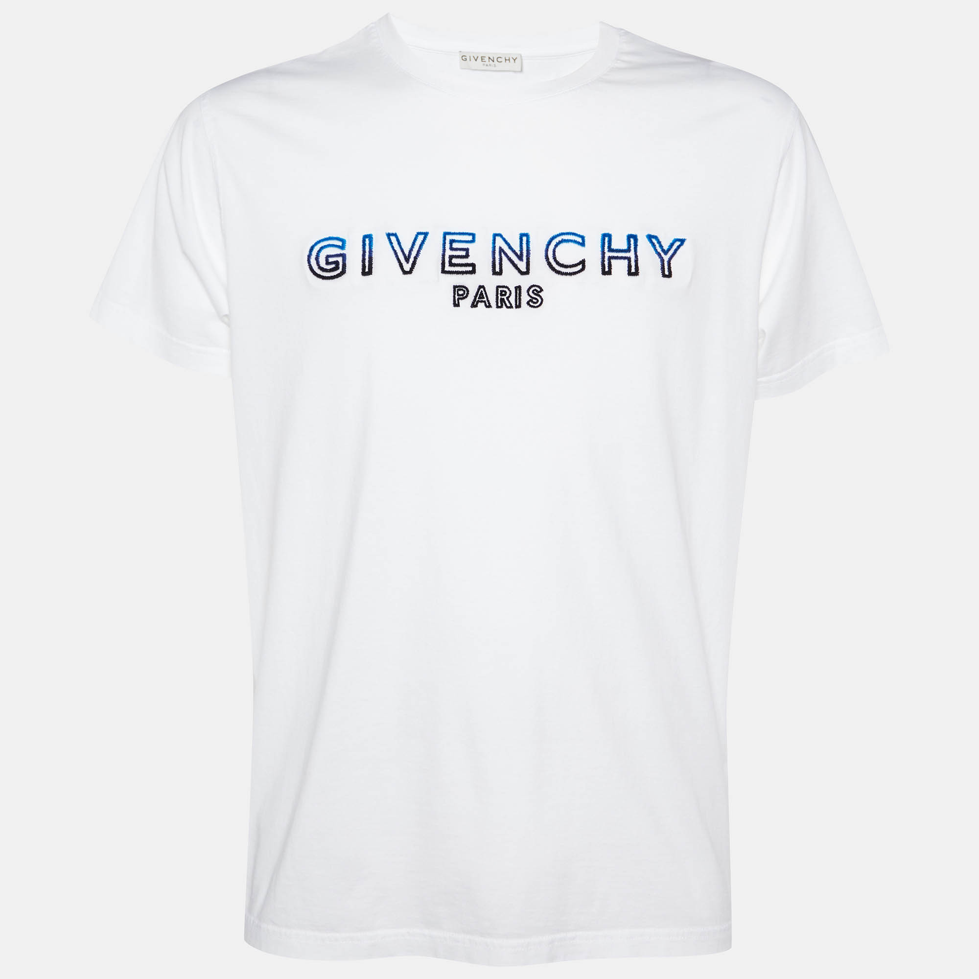 Pre Owned Givenchy White Tufted Logo Cotton Crew Neck T-Shirt M