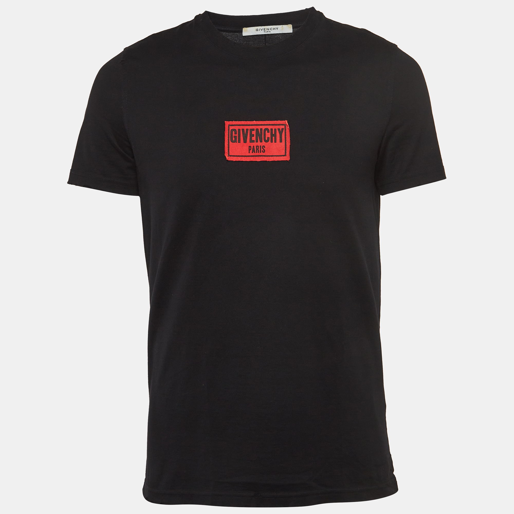

Givenchy Black Logo Applique Distressed Cotton Crew Neck T-Shirt