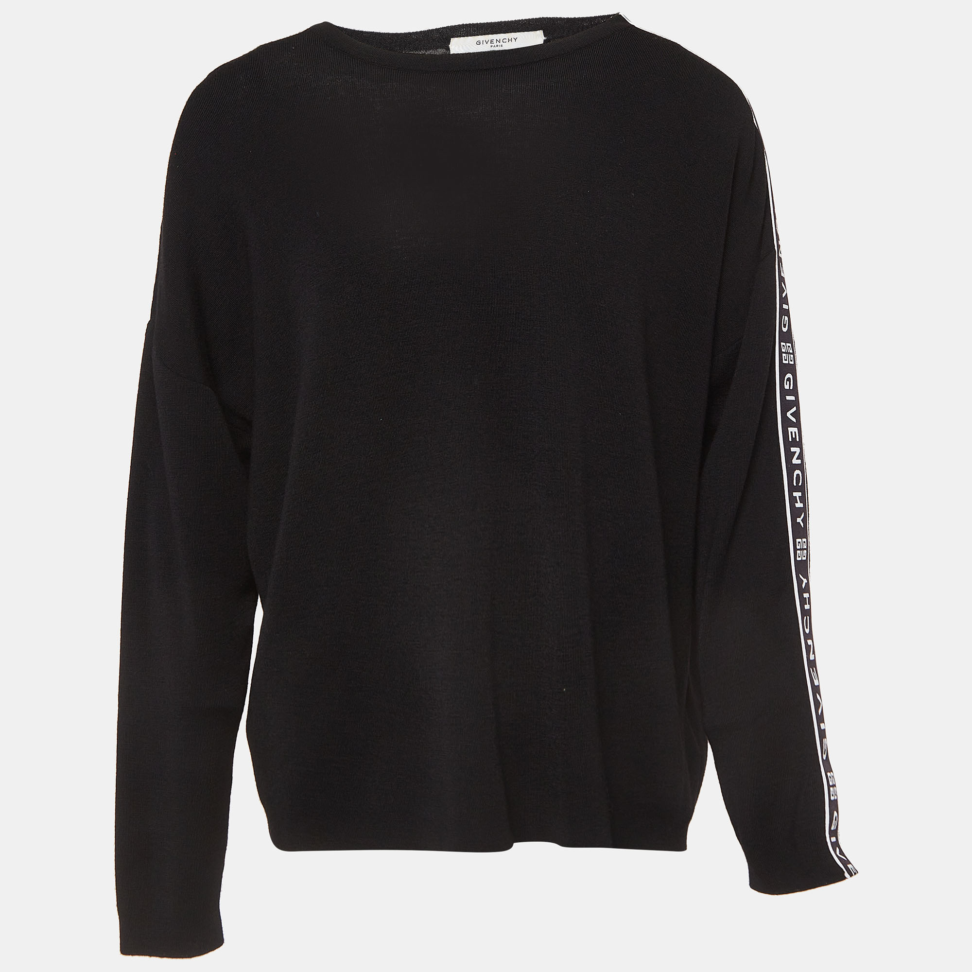

Givenchy Black Logo Tape Trim Wool Knit Crew Neck Sweatshirt