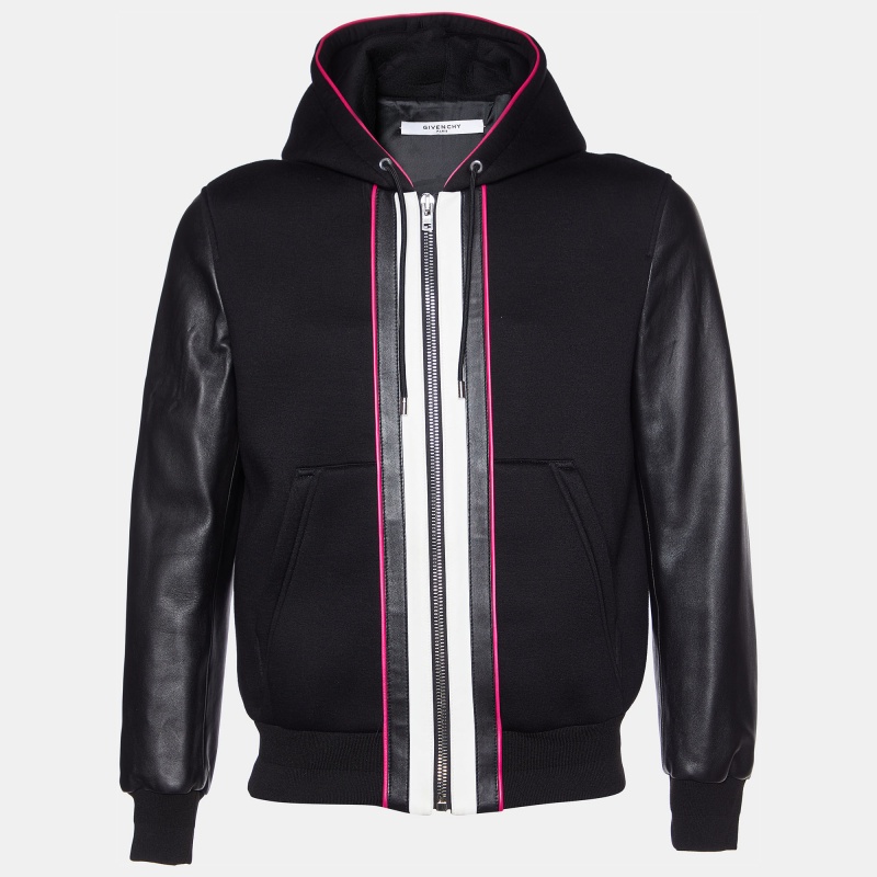 

Givenchy Black Leather & Knit Hooded Bomber Jacket